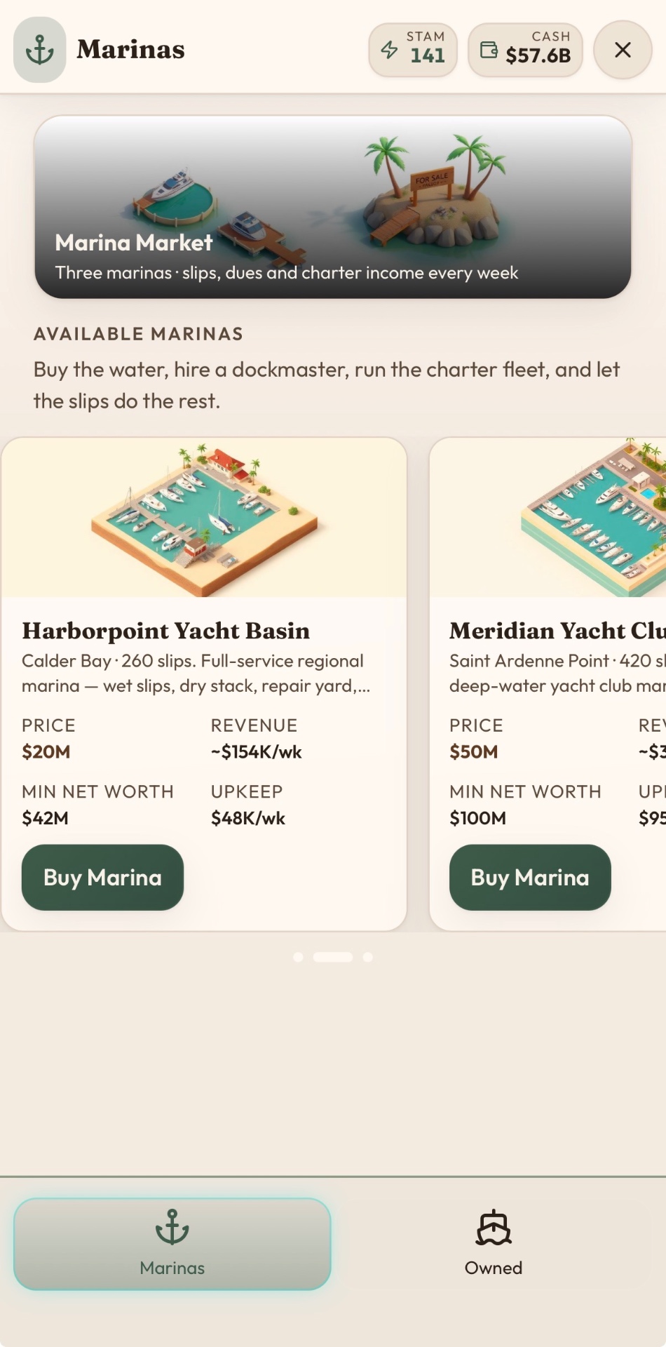 Underwritten gameplay: marina market with yacht basins for sale and weekly revenue