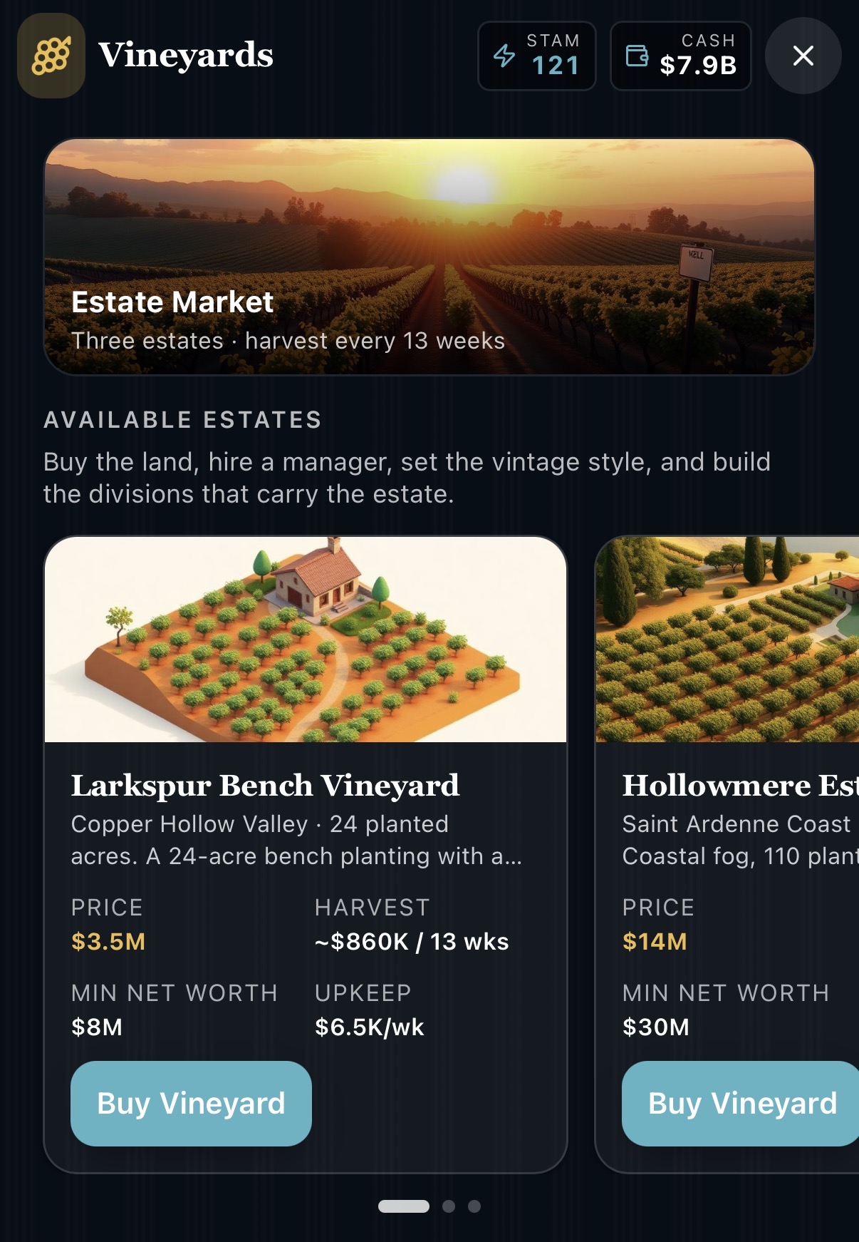 Underwritten gameplay: vineyard estate market with properties for sale