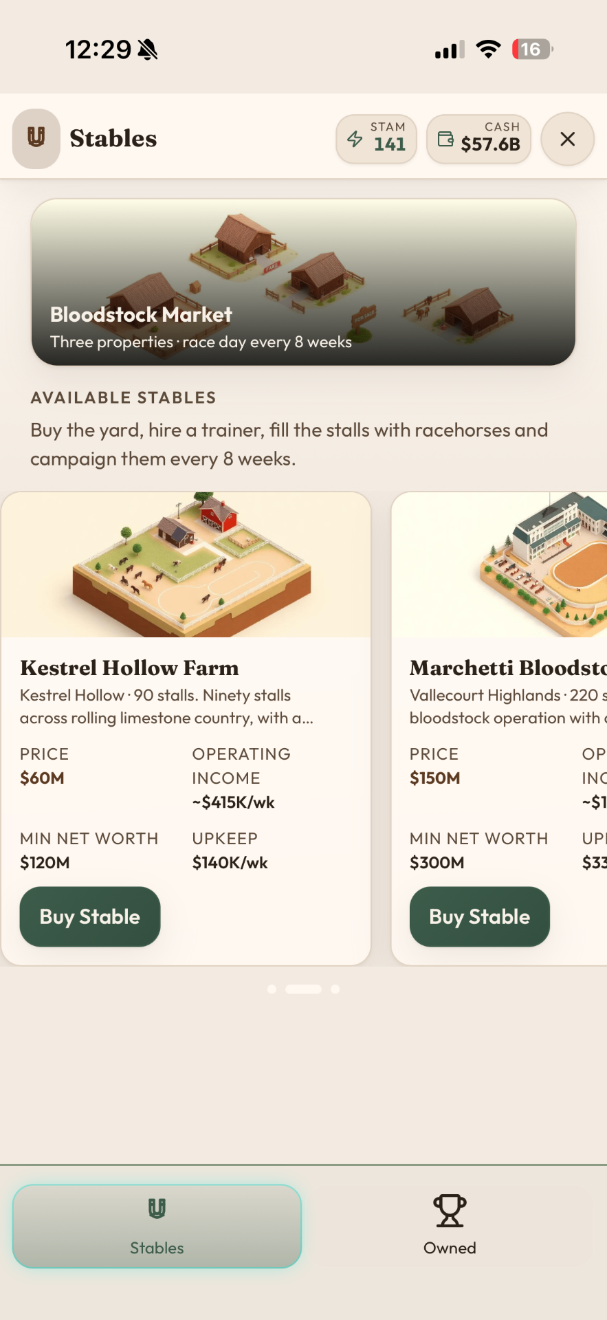 Underwritten gameplay: bloodstock market with racing stables for sale and operating income