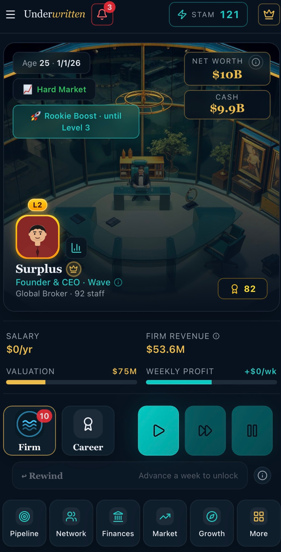 Underwritten gameplay: CEO corner office with net worth, cash and firm stats