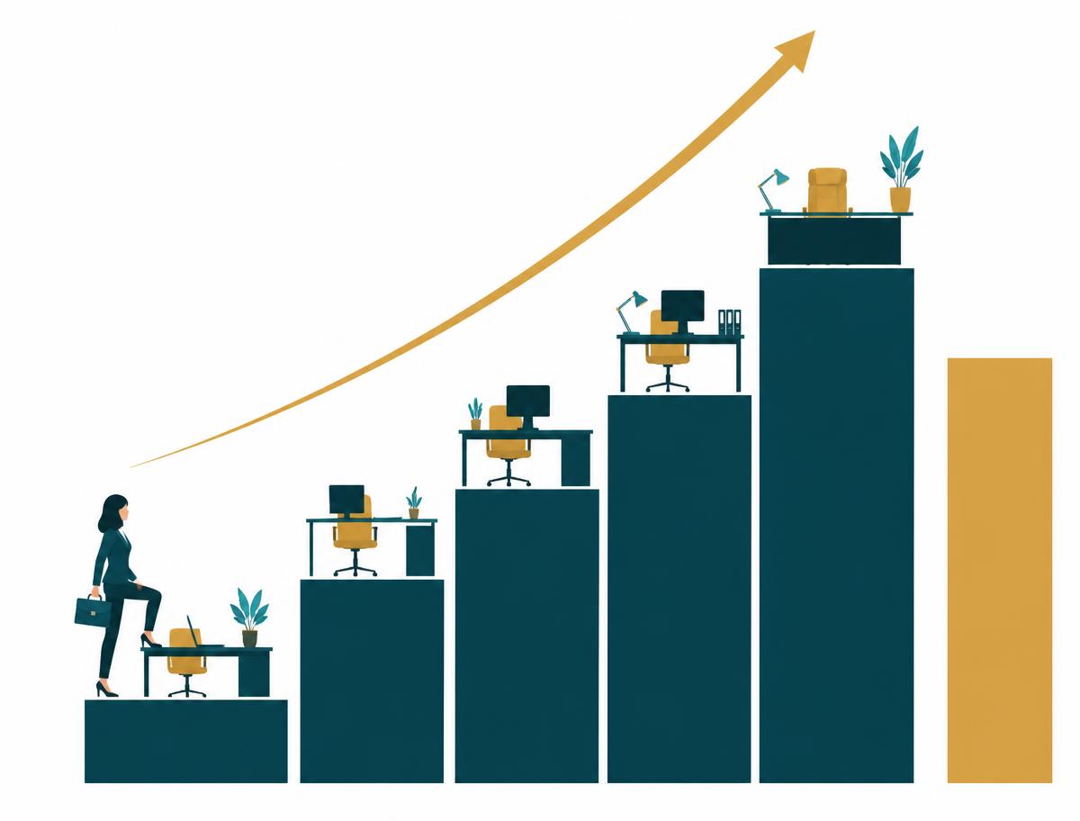 Illustration of desks rising like a bar chart with an upward arrow